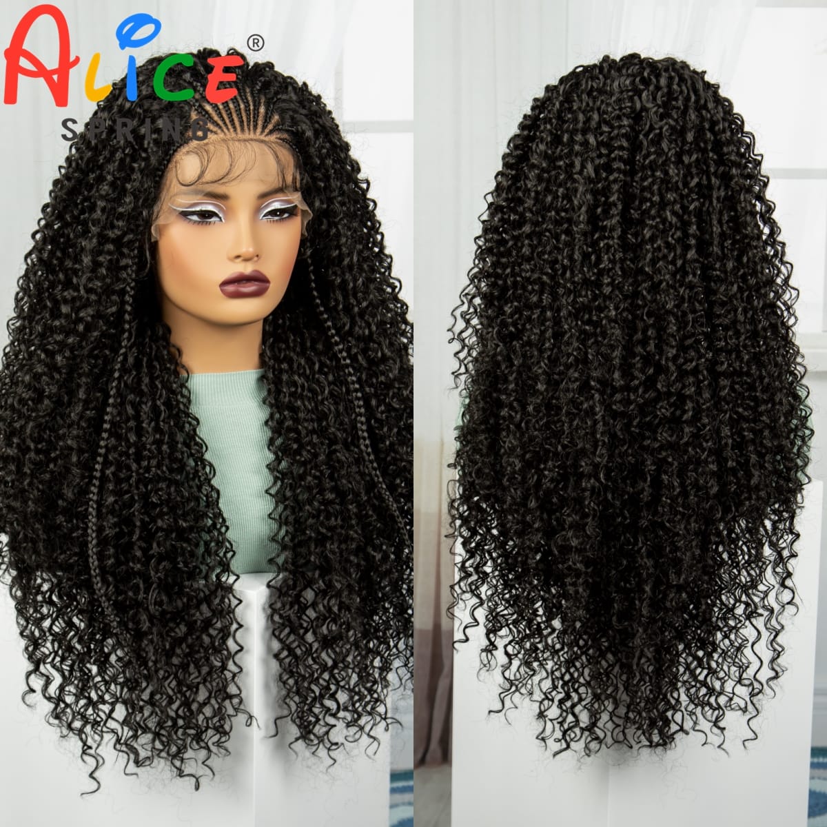 Natural Color 28 Inch Synthetic Braided Wigs Lace Braided Wigs Curly Knotless Box Braids Wigs with Baby Hair for Black Woman