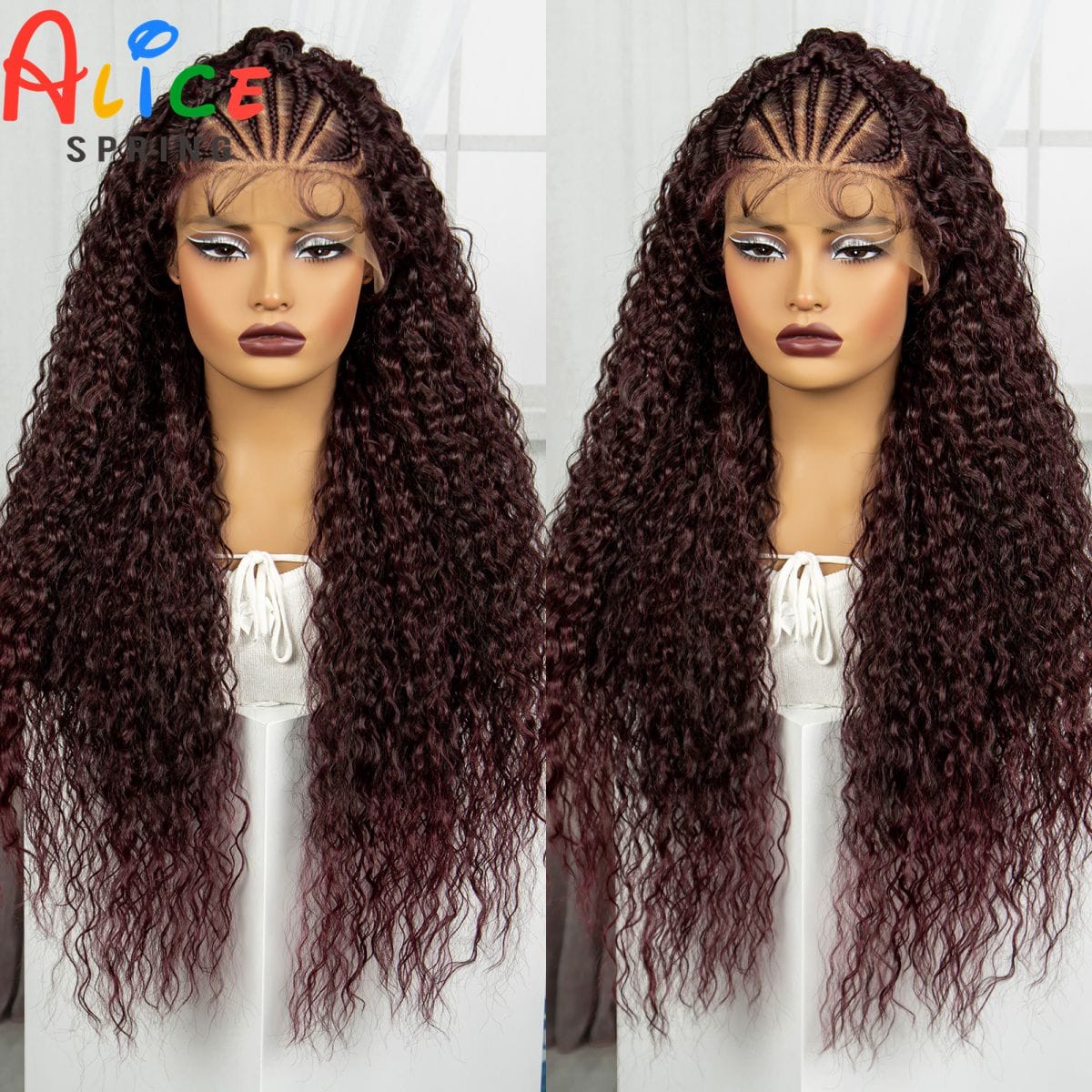 Burgundy Cornrow Braided Wigs Knotless Synthetic Lace Front Braids Wig Curly Braiding Hair Wigs with Baby Hair for Black Women