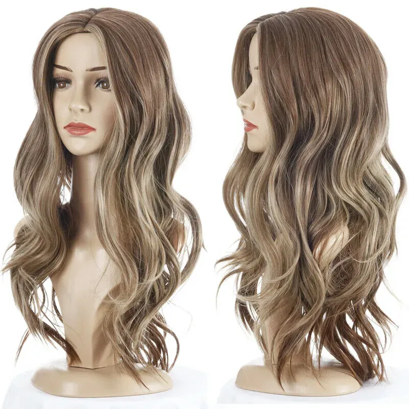 Womens Long Curly Hair Wigs Party Cosplay Ladies Mixed Color Nature Full Wig