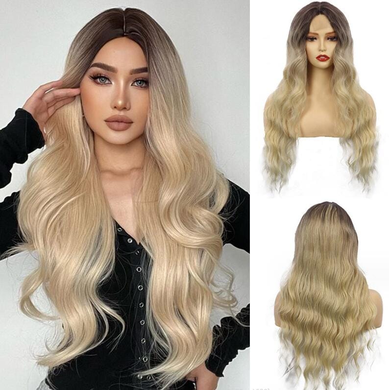 3 Color New Women's Long black MIX Blonde Middle Part Ombre Hairs Curly small Lace Hair Wig