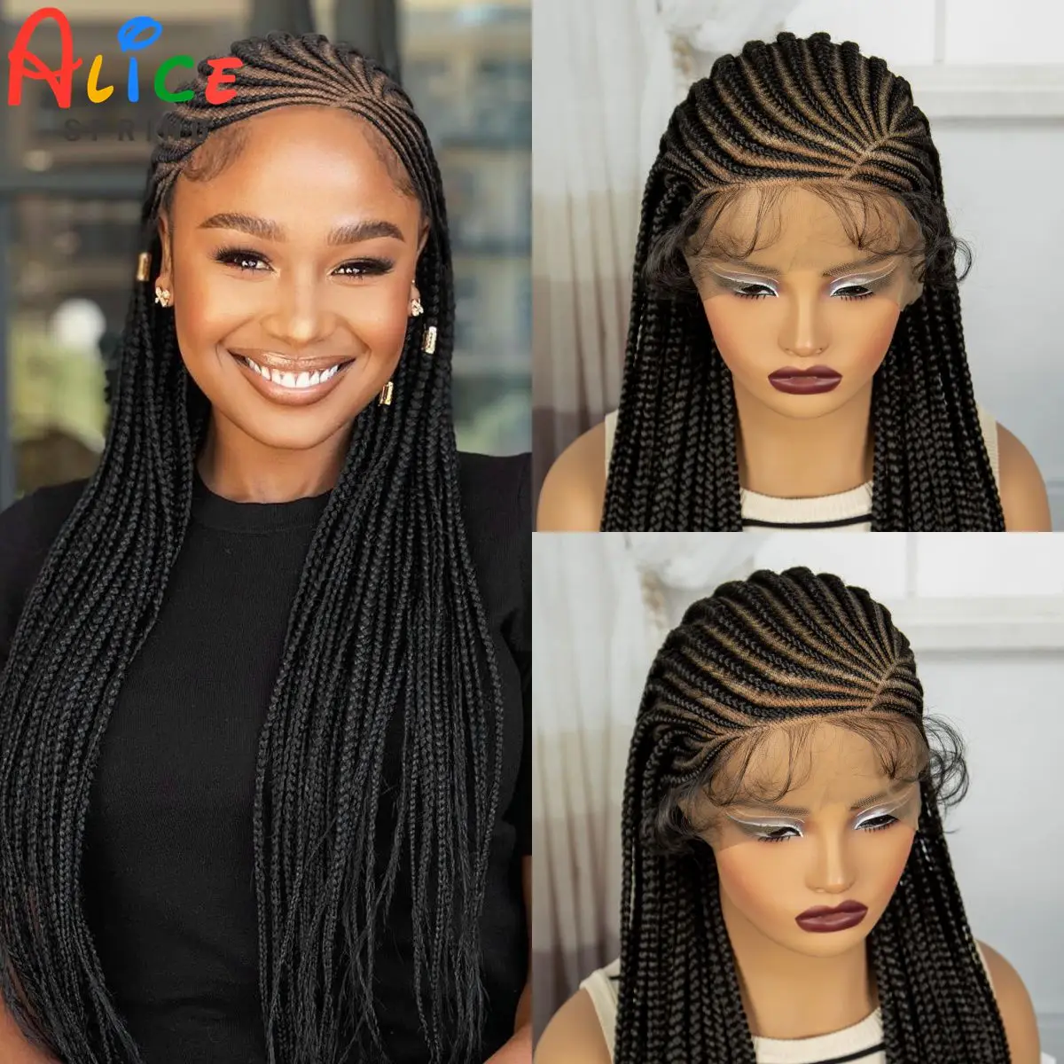 Natural 36 Inches Synthetic Cornrow Braided Wigs Full Lace Synthetic Straight Braiding Hair Wigs With Baby Hair for Black Women