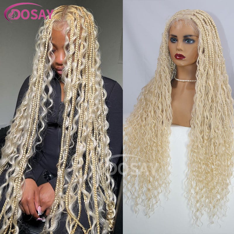 32" Honey Blonde Bohomian Box Braid Wigs Curly Ends Square Part Box Braided Lace Front Wigs Pre Plucked With Baby Hair For Women