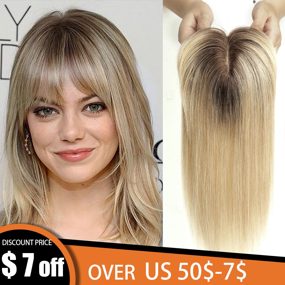 Ombre Blonde 100% Remy Human Hair Toppers with Bangs Silk Base Clip in Topper Top Hair in Hair Extension for Women 10/12/14inch