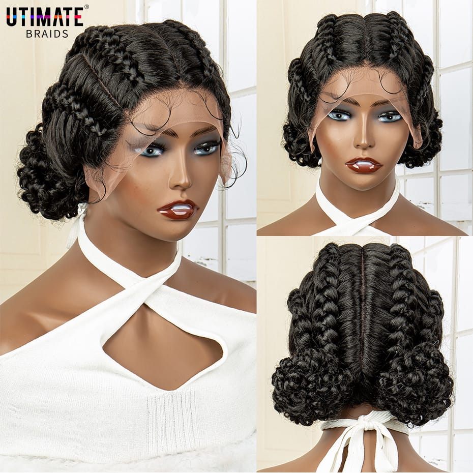 Synthetic Braided Wigs Bun Updo Wig Lace Front Wig with Baby Hair Lace Cornrow Braiding Wigs for Africa American Women Daily Use