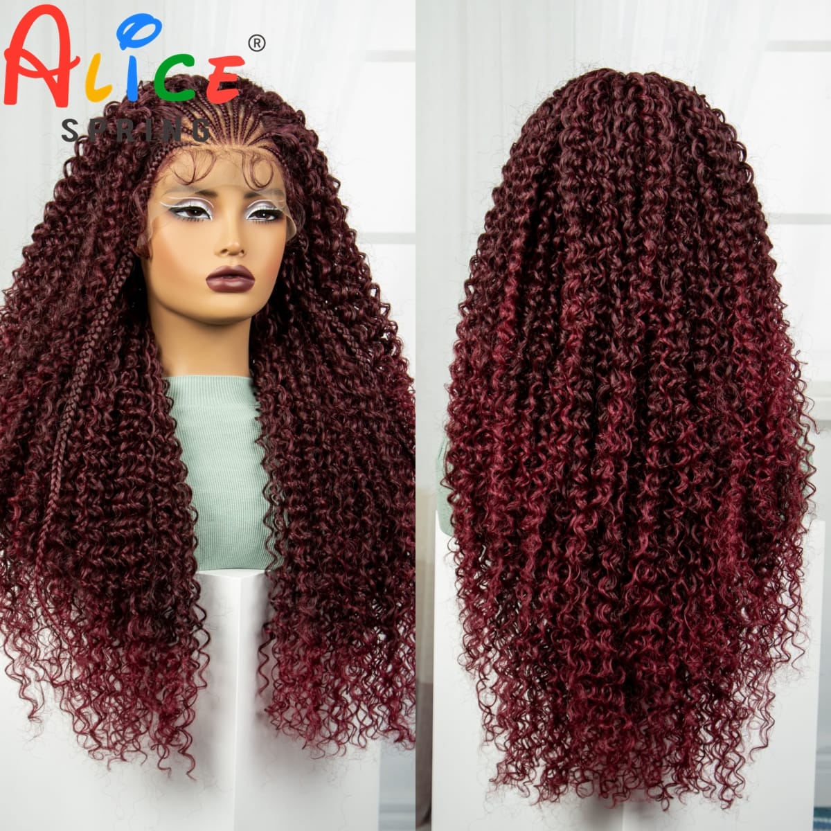 1B-BUG Color 28 Inches Synthetic Braided Wigs Lace Braided Wigs Curly Knotless Box Braids Wigs with Baby Hair for Black Woman