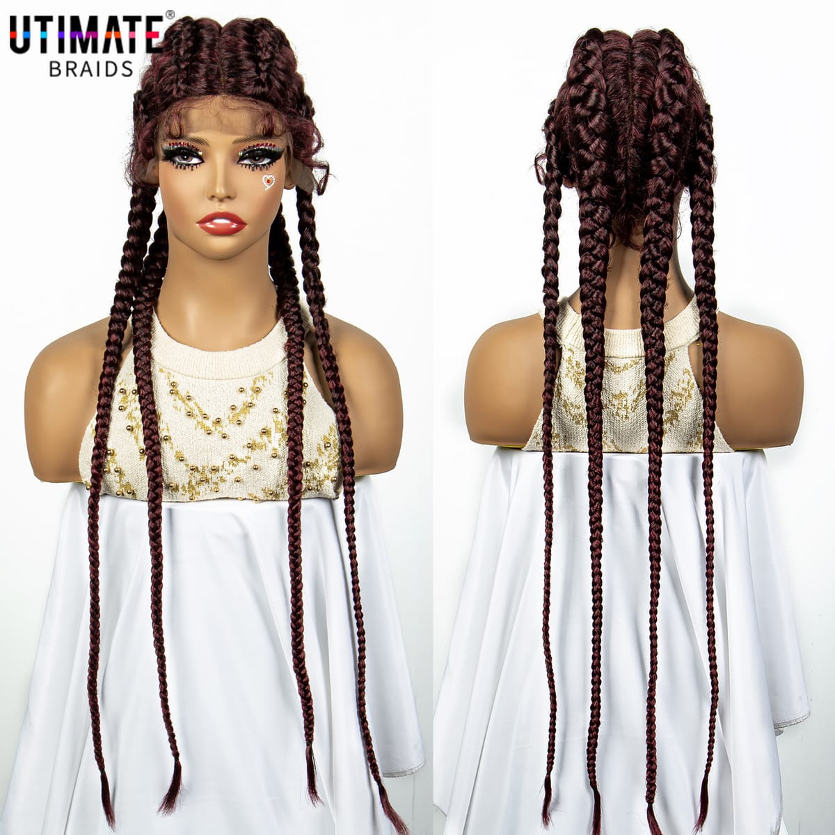 36 Inches Synthetic Cornrow Braided Wigs for Black Women with Baby Hair Lace Frontal 99J Burgundy Braids Wig Daily Use