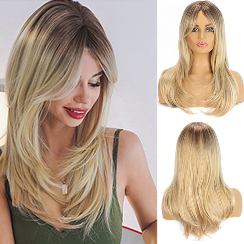 60cm New Women's Long mixed Middle Part Ombre Wavy Cosplay Party Hair Full Wig