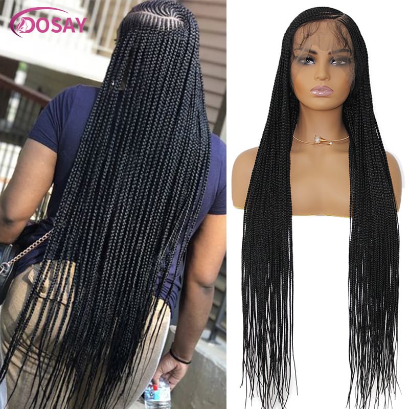 Full Lace Frontal Braided Wigs Cornrows Braids Side Part Afro Synthetic Lace Wig With Baby Hair 36Inch Knotless Box Braided Wigs