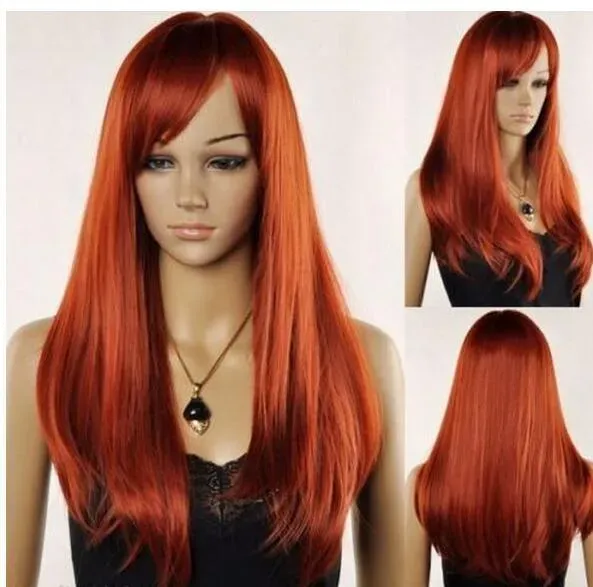FREE SHIPPING Women's Long Red Brown Str aight Oblique Bangs Synthesis Cosplay Hair Wig