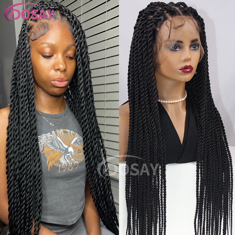 Synthetic 36" Senegalese Twist Braided Wig Full Lace Faux Locs Wig Black Lace Front Knotless Braiding Hair Wig With Baby Hair
