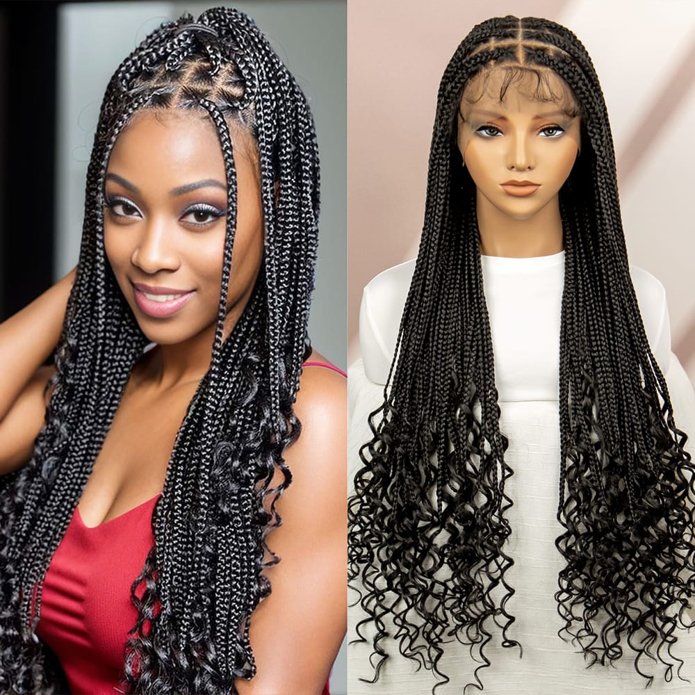 34 Inches Full Lace Box Braided Wigs for Women Synthetic Braided Wigs with Baby Hair Braids with Curled Ends African Braids