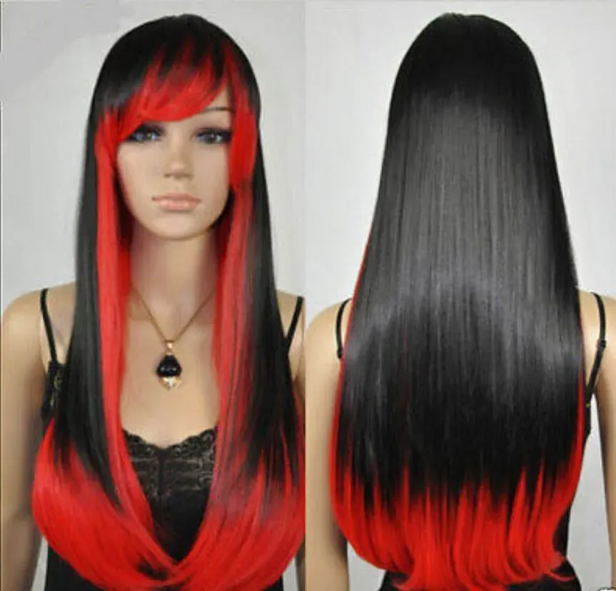 free shipping Women's Long Straight Black Red Mix Costume Party Cosplay Full Hair Wig