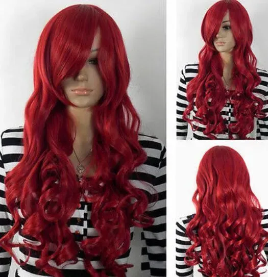 Long Bright Red Wave Wavy Side-Swept Bangs Hair Cosplay Daily Wear Wig