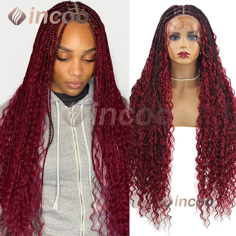 32 Inch Boho Box Braided Wigs Synthetic Curly Hair 360 Full Lace Frontal Wig Incoo Goddess Locs Braided Wig Bohemian Box Wig