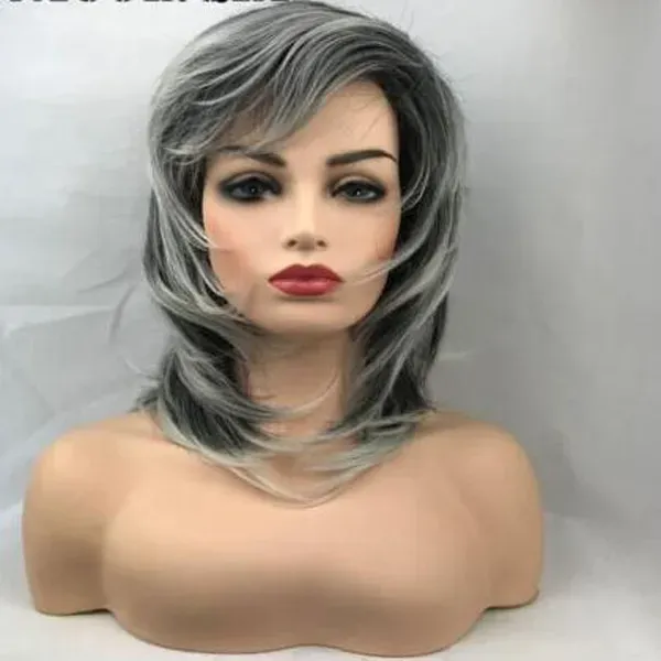 Charm Blend Medium Length Mix Gray Wavy Cosplay Party Hair Wigs