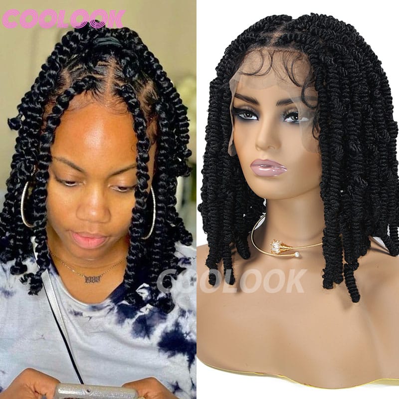 Spiral Curls Braided Wigs Spring Twist Hair 12 Inches Full Lace Curly Braided Wigs Afro Spring Crochet Dreadlocks Synthetic Wigs