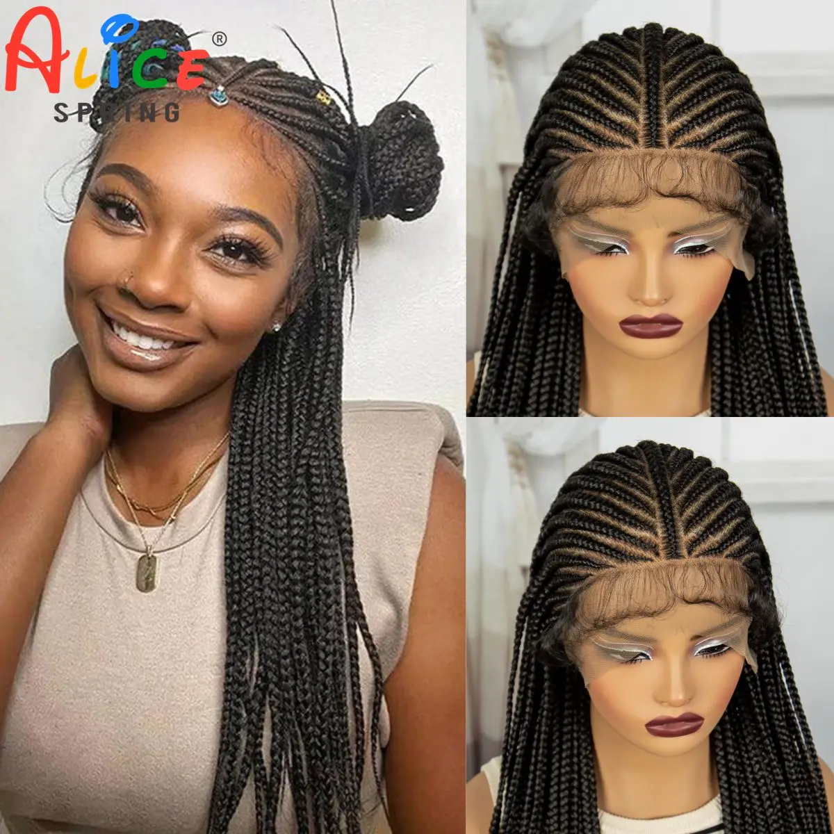 Natural Straight 36 Inches Synthetic Cornrow Braided Wigs Full Lace Synthetic Braiding Hair Wigs With Baby Hair for Black Women