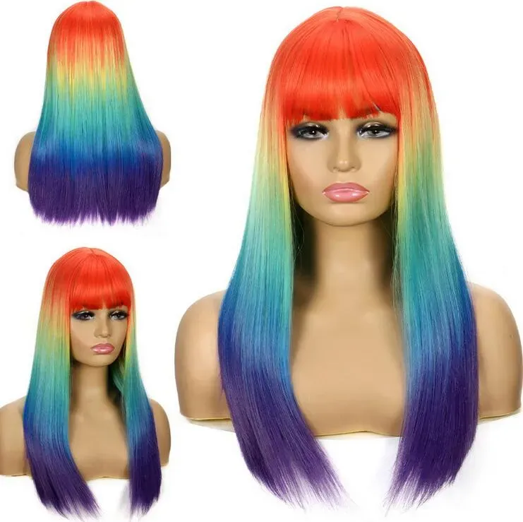 Women’s Long Colorful Gradient Curly Cosplay Costume Wavy Hair Wig