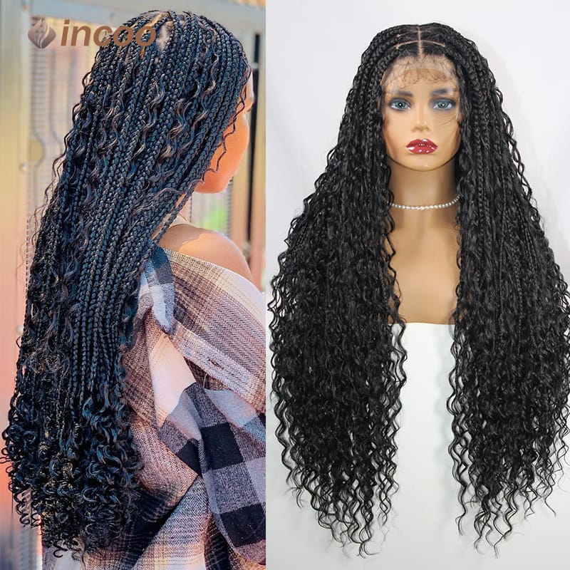 Incoo Synthetic Wig Braided Hair Wigs Full Lace Frontal Braided Curly Wigs Boho Box Braids  For Black Women Lace Front Wig