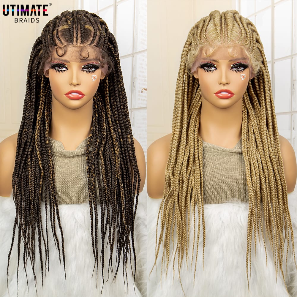Synthetic Braided Wig Lace Frontal Braided Wig 24 Inch Cornrow Braids Wig with Baby Hair 27/613 Color Wig for Black Women