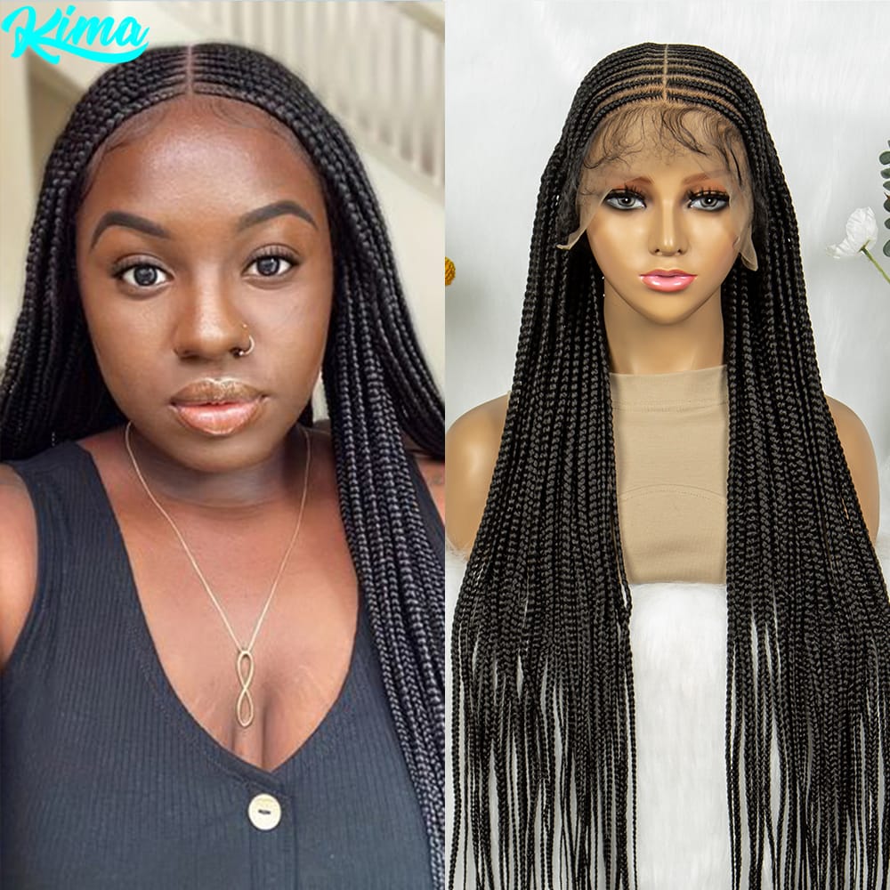 KIMA Synthetic 36 inch Cornrow Braided Wigs Transparent Full Lace Wig Fulani Stitch Box Braids With Baby Hair for  Black Women