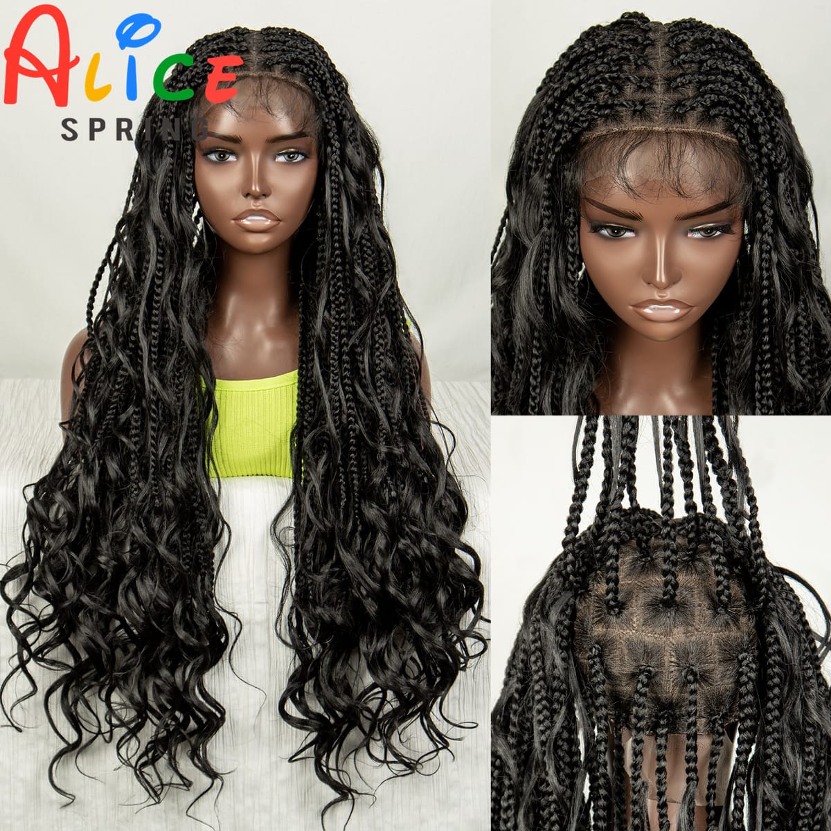 34 Inch Natural Color Synthetic Curly Braided Wigs Deep Wave Full Lace Knotless Box Braided Wigs With Baby Hair For Black Woman