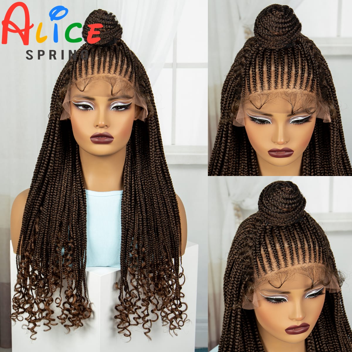 26 inch Synthetic 13x4 Lace Front Updo Braided Wigs With Curly Ends Cornrow Braiding Hair Wigs with Baby Hair for Black Women