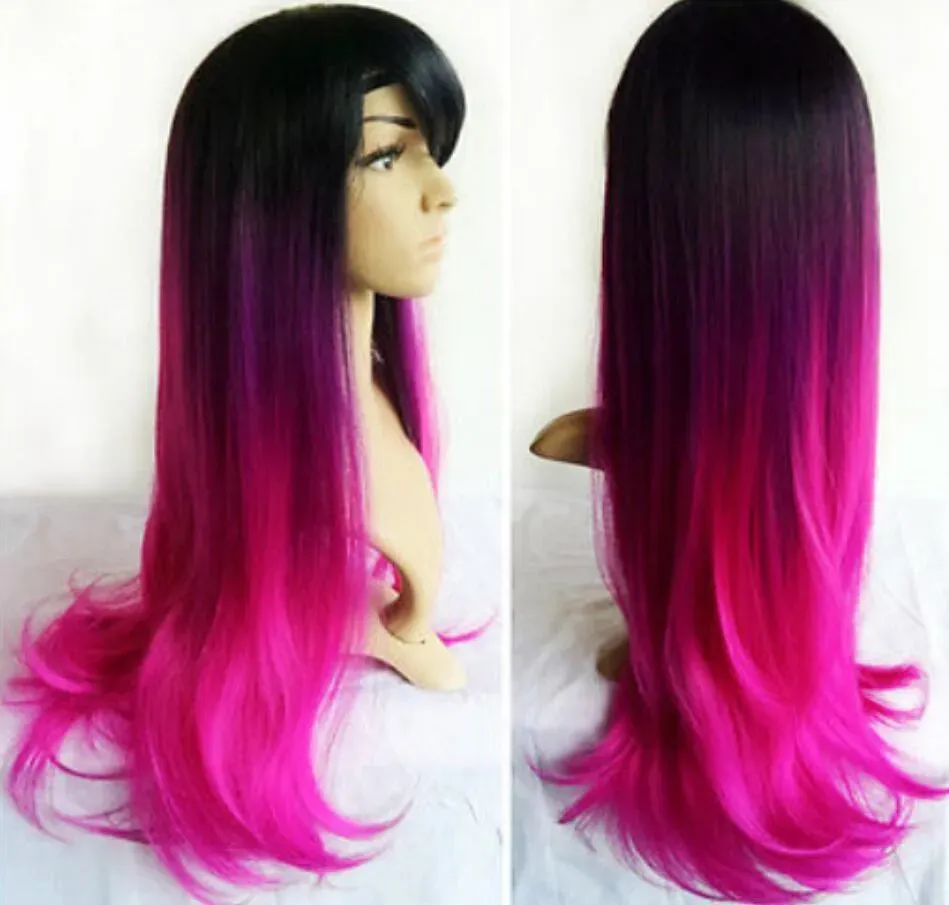 free shipping Ladies Ombre 3-Tone Black & Purple Hot Pink 27" Long Straight Hair Wig