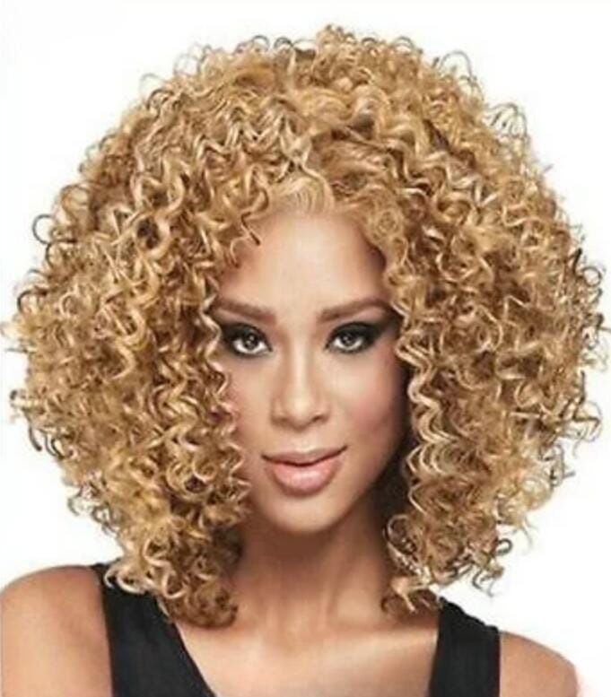 New short mix blonde curly cosplay Heat-resistant Women's full Hair wig