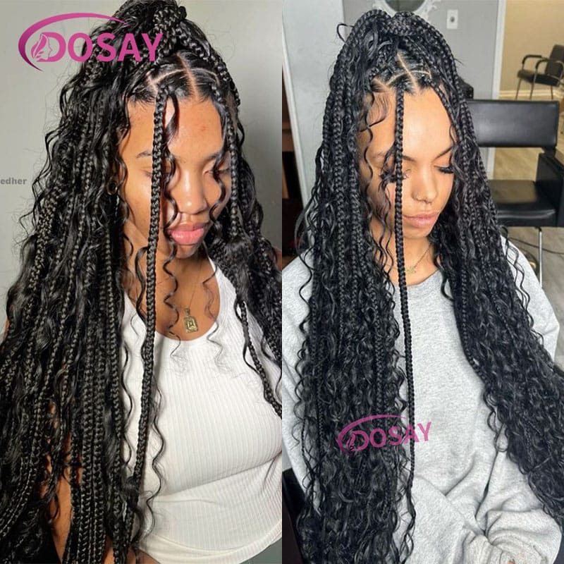 32" Full Lace Front Wig With Curly Hair Distressed Knotless Bohemian Box Braided Wigs For Women Synthetic Lace Front Wig Ombre