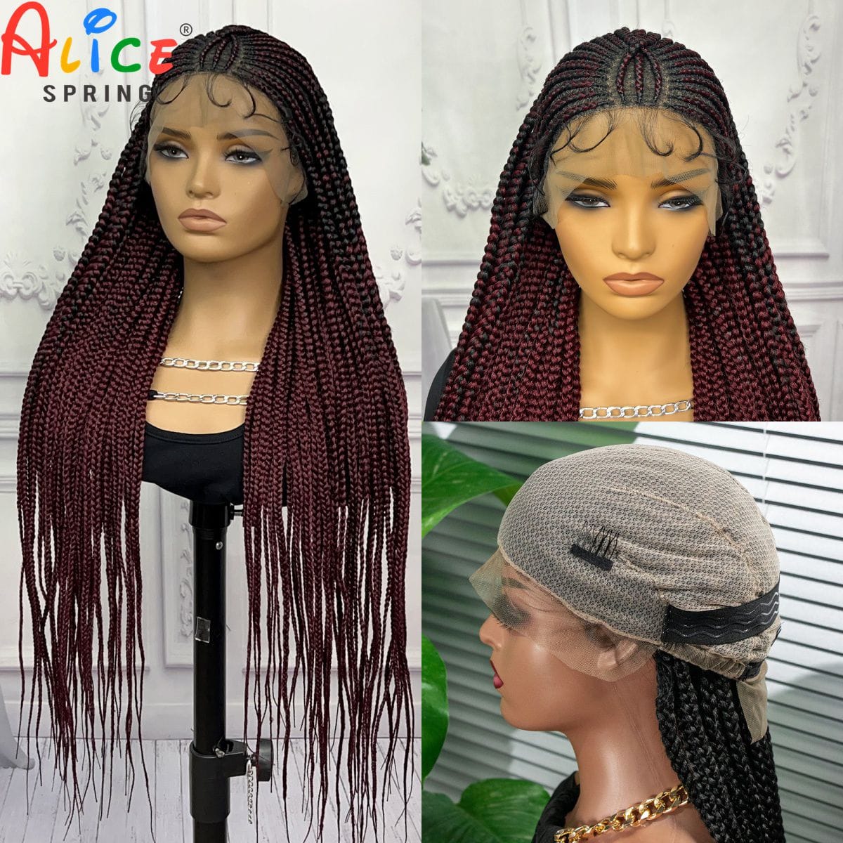 Burgundy 99J Cornrow Braided Wigs Synthetic Full Lace Braids Wig With Baby Hair Lace Frontal Braiding Hair Wigs for Black Women