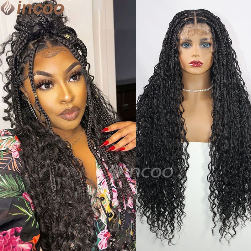 Synthetic Box Braided Wigs 32" Full Lace Front Wigs Boho Curls Knotless Square Cornrow Braid Wig With Baby Hair For Black Women