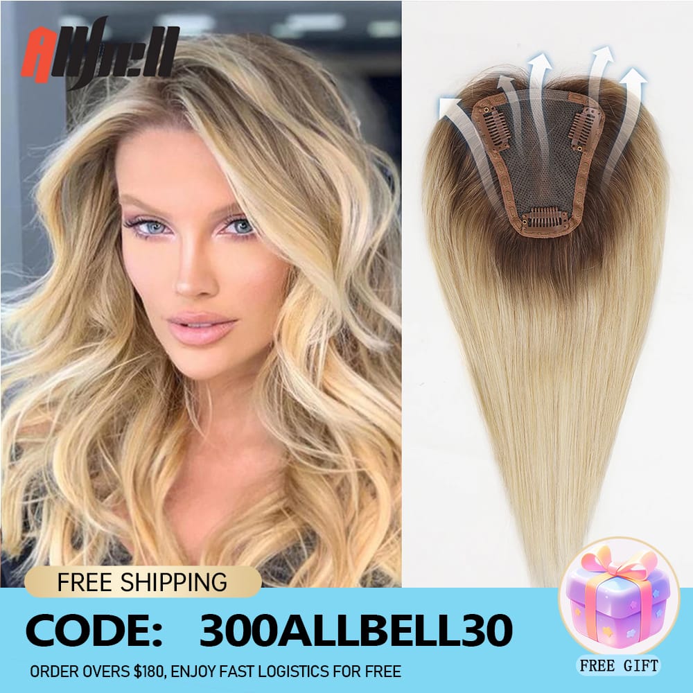 Brown Blonde Ombre 100% Remy Human Hair Toppers for Women 12 Inch Straight Middle Part Human Hair Piece Silk Base Clip in Topper