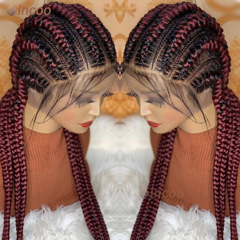 36" Synthetic Full Lace Frontal Wig Jumbo Knotless Braided Wigs With Baby Hair Goddess Locs Braided Wig Black Mix Burgundy Wig