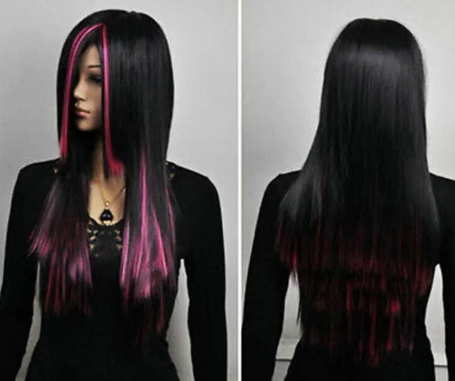 free shipping Lolita Women Long Straight Black Mixed Pink Heat Resistant Cosplay Full Hair Wig