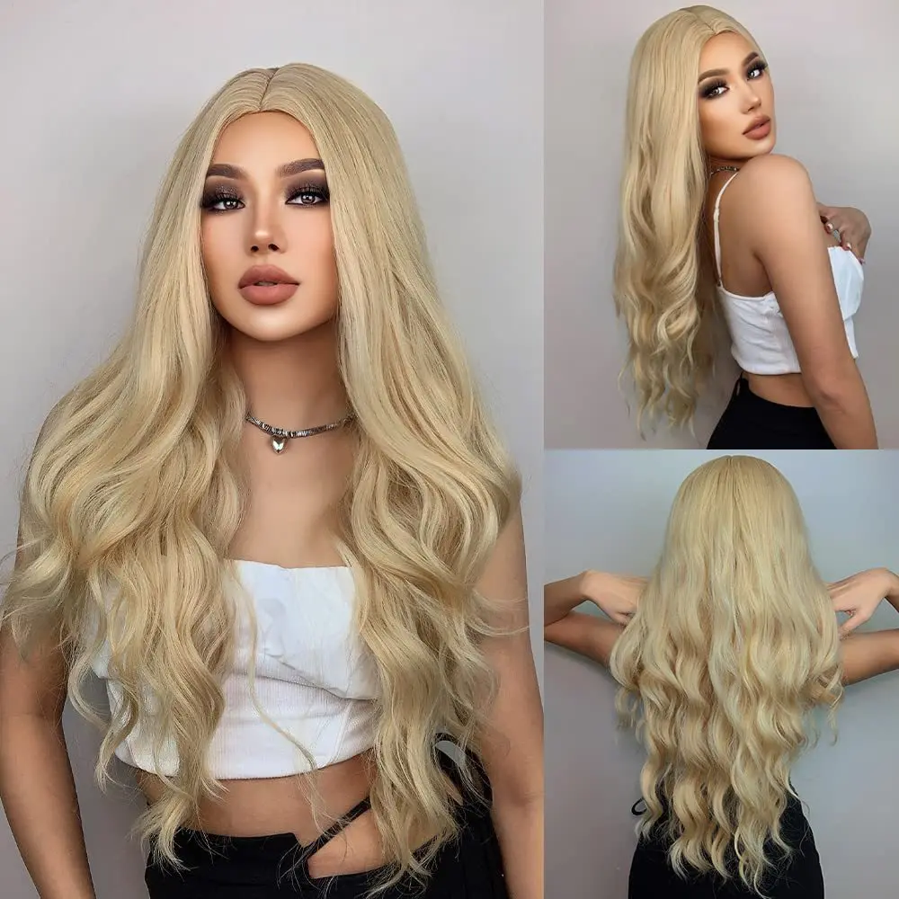 Long Omber 7Style Blonde mix Black Gradient Color Wavy Women’s Cosplay Hair Wig with Bangs