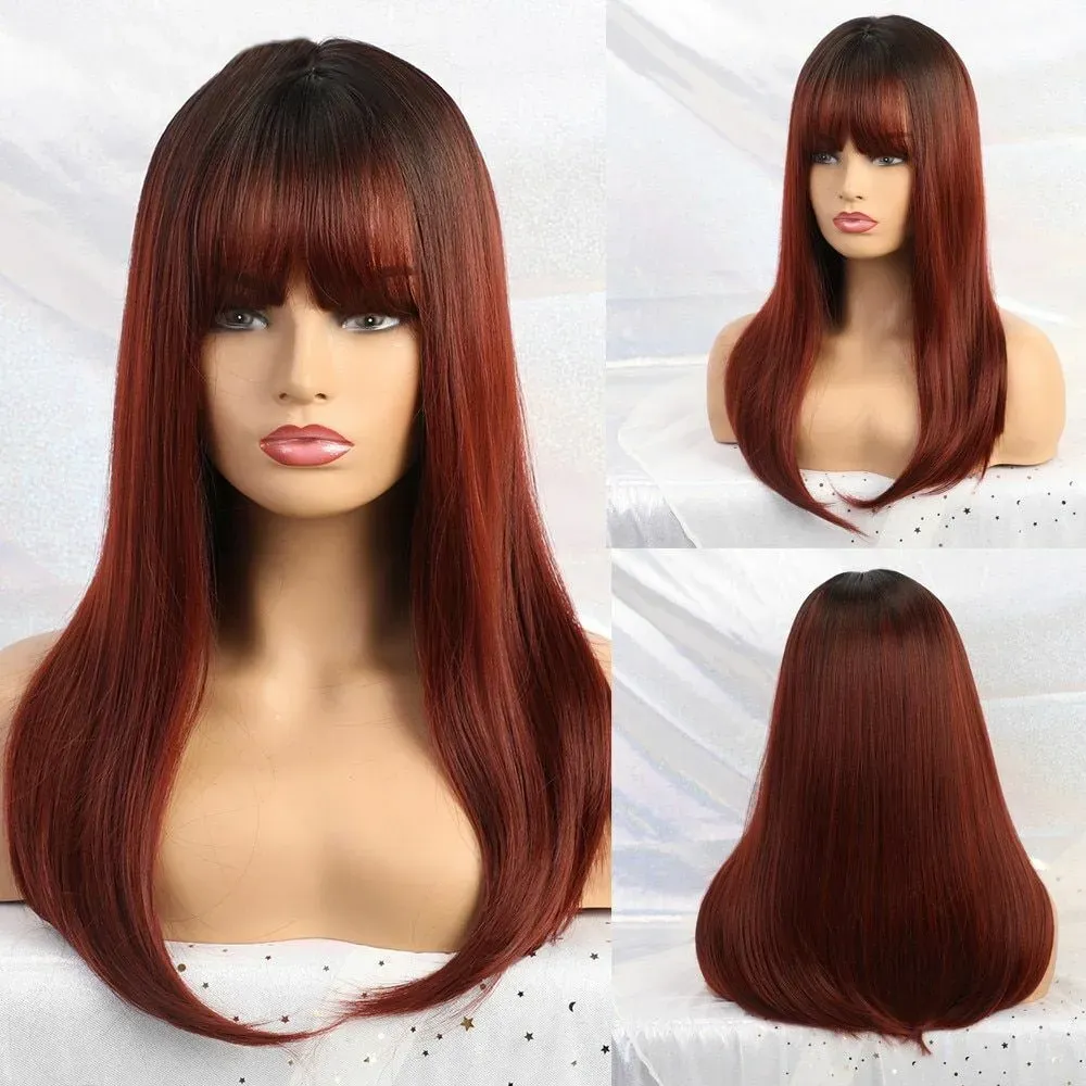 Ombre Long Wine Red Straight Wig With Bangs Heat Resistant Cosplay Women Synthetic Hair wig