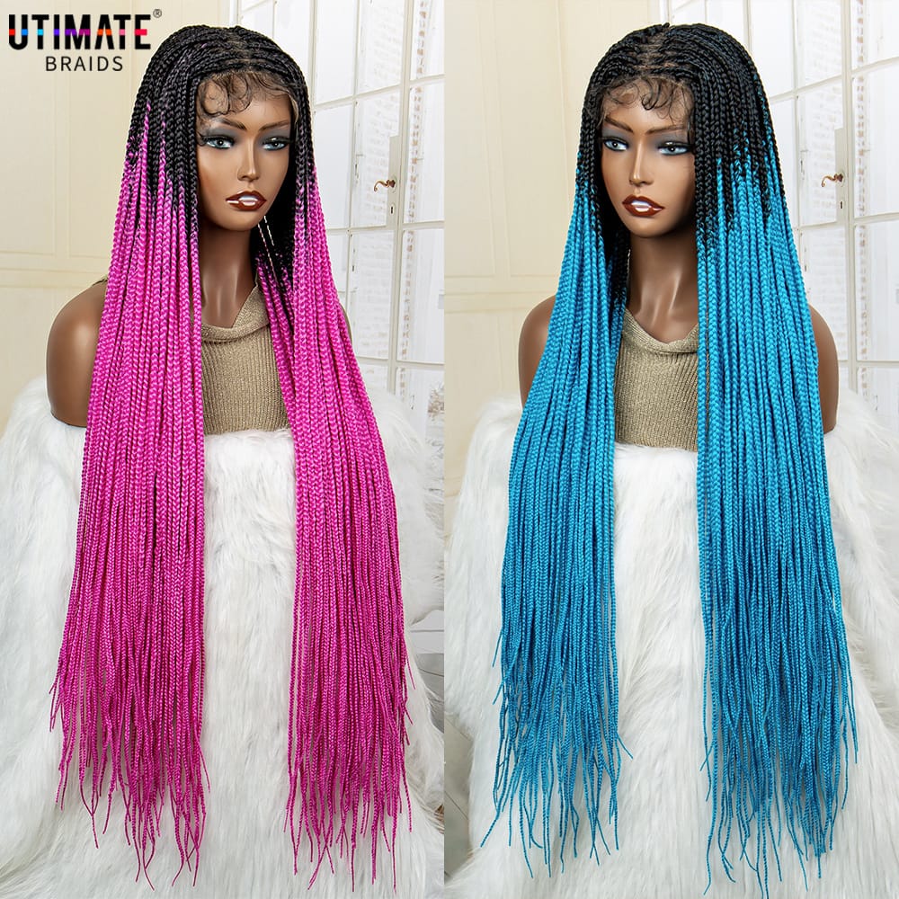 Colorful Synthetic Full Lace Wig Braided Wigs for Black Women 34 Inches Square Knotless Box Cornrow Braids Wigs with Baby Hair