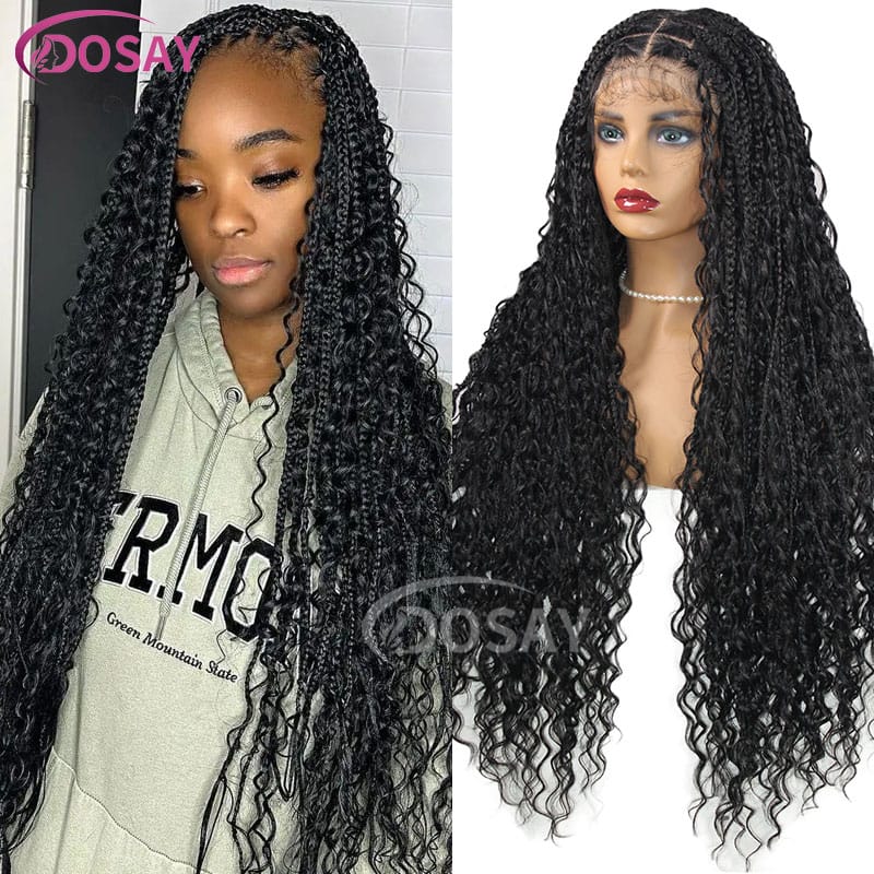 32 Inch Bohemian Full Lace Front Wig Knotless Box Braided Wig With Baby Hair Natural Looking Synthetic Box Braided Wig For Women