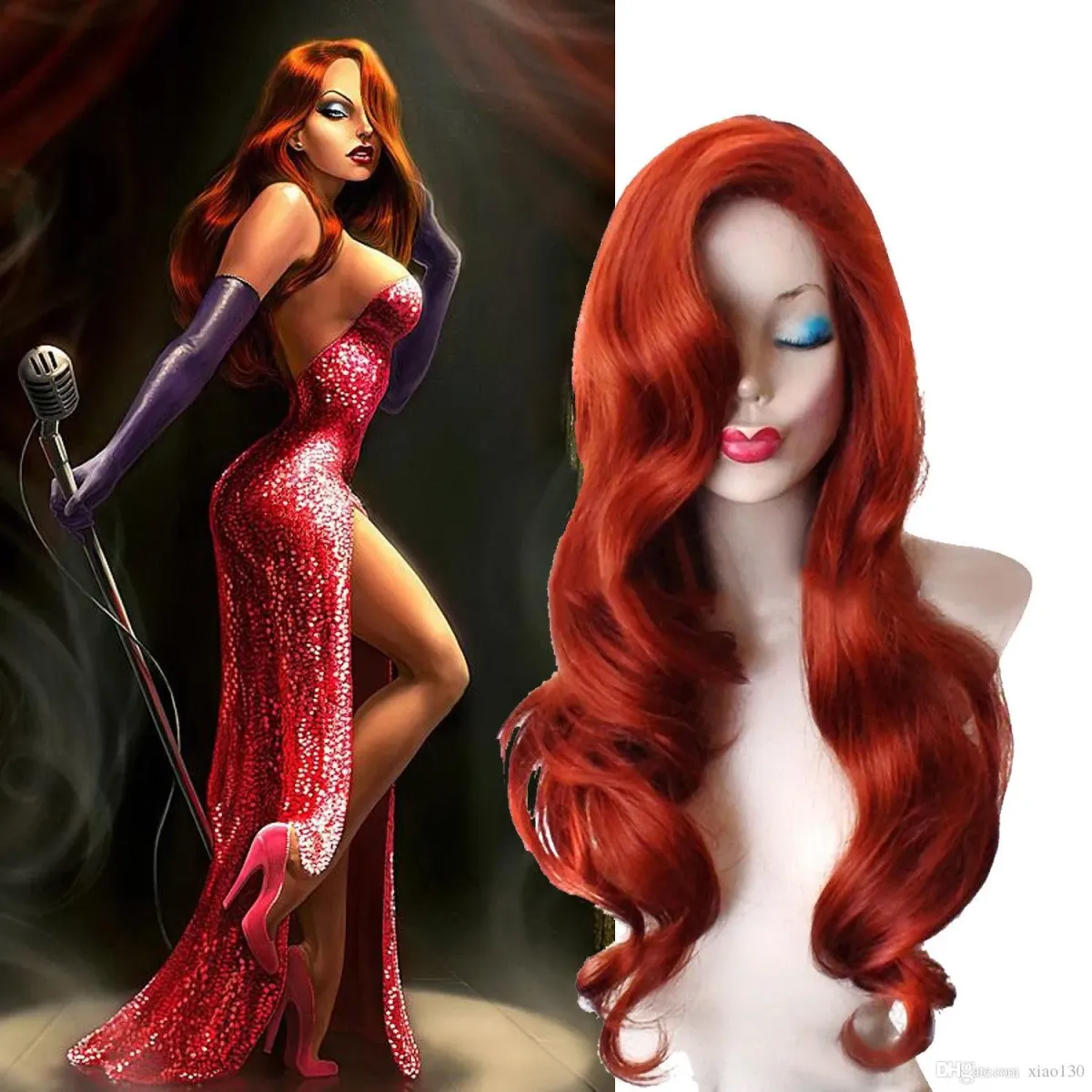 28" 70cm Copper Red Jessica Rabbit Long Wavy Anime Cosplay Hair Wig