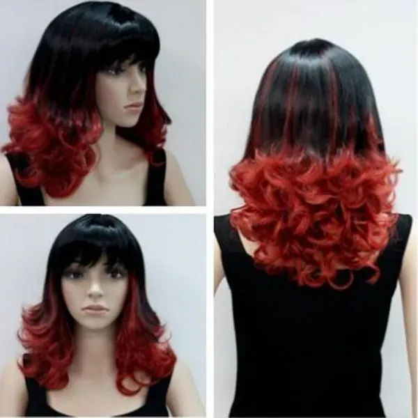 Women’s Long Black & Red Wavy Curly Ladies Cosplay Hair Wigs
