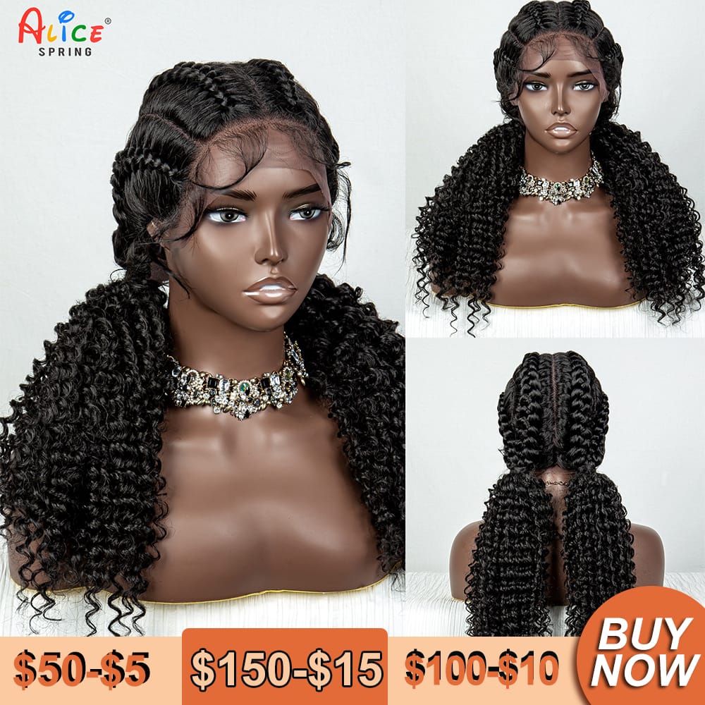 22 Inches Braided Wigs Synthetic Full Lace Wig Box Braid Front Wigs with Baby Hair for Black Women Two Curly Ponytail Braid Wigs