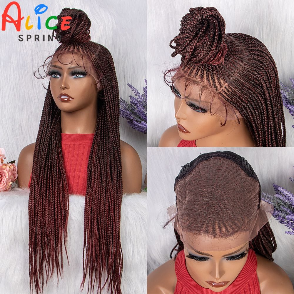 28 inch Burgundy 99J Cornrow Braided Wigs Synthetic Lace Frontal Braids Wig With Baby Hair Braiding Hair Wigs for Black Women