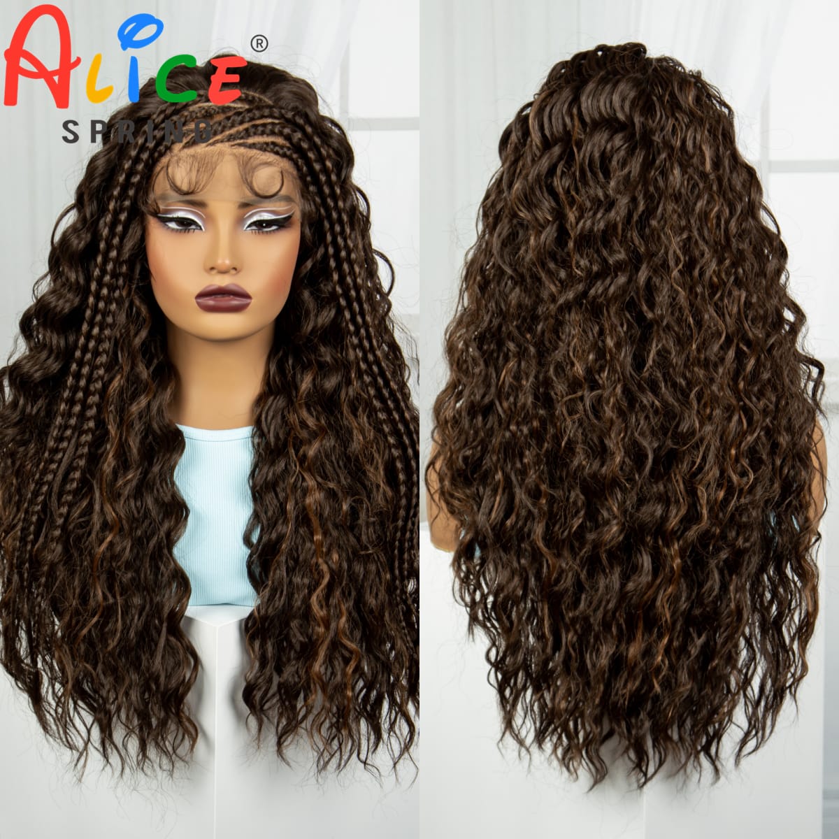 4-30 Water Wave 26 Inches Synthetic Braided Wigs Lace Braided Wigs Curly Knotless Box Braids Wigs With Baby Hair for Black Woman