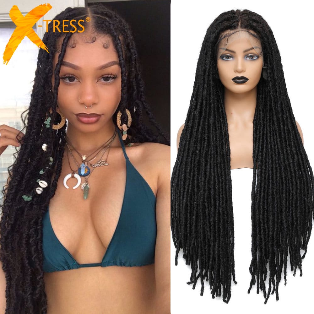X-TRESS Synthetic Lace Front Braided Wig Full Lace Frontal Faux Locs 32" Long Straight Crochet Braiding Hair Wig For Black Women