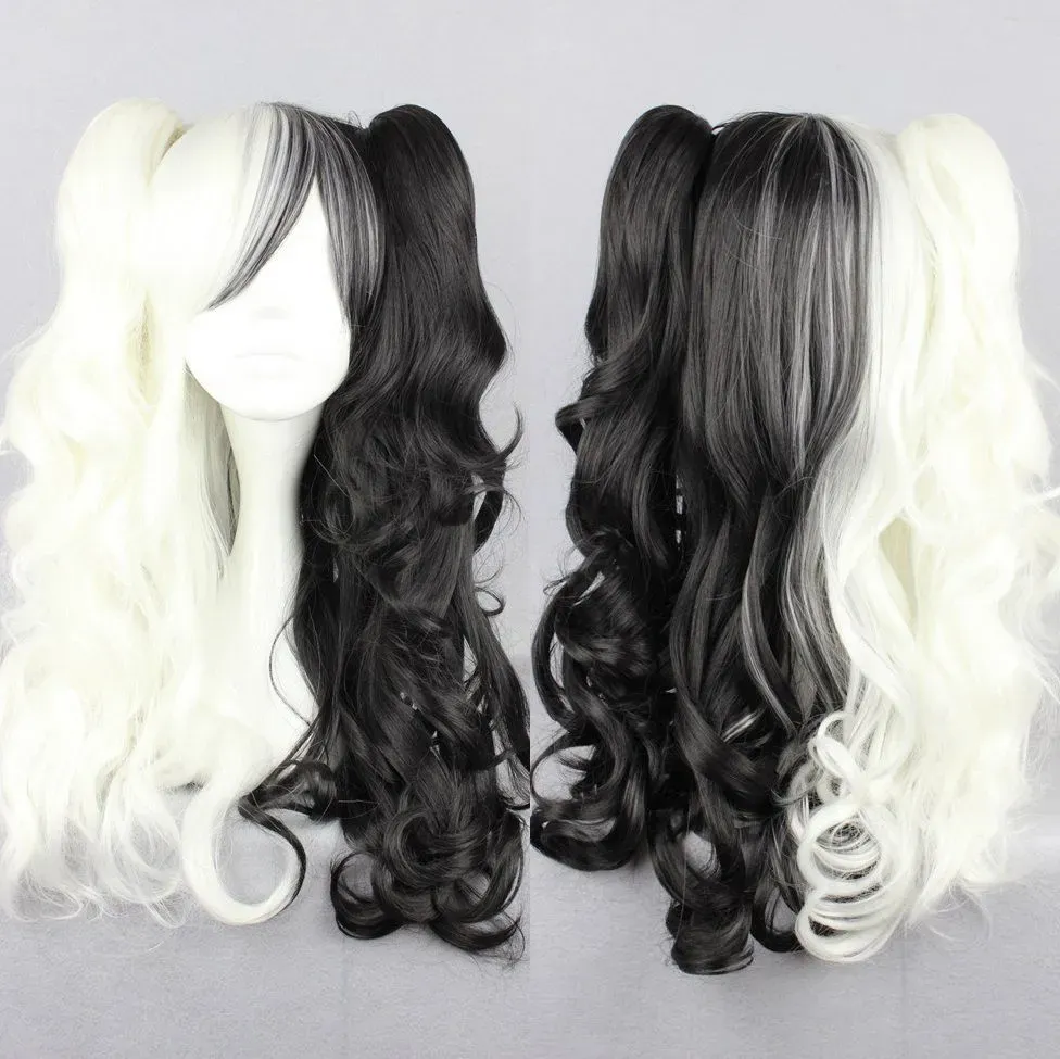 Danganronpa Dangan Ronpa Monokuma Long Black & White Curly Cosplay Hair Wigs + 2 Ponytails