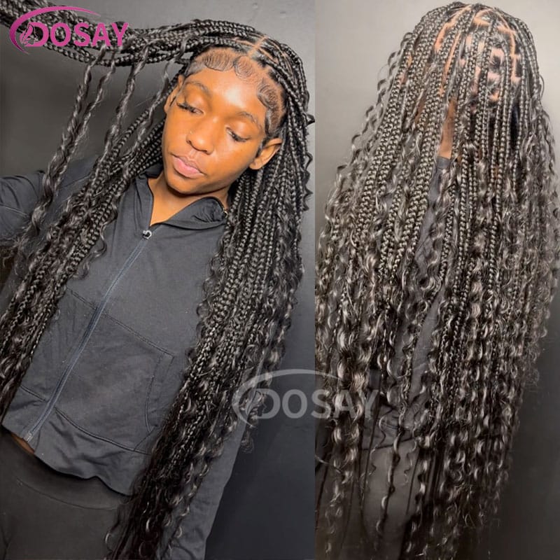 Full Lace Knotless Box Braids Wig 32" Long Bohemia Box Braided Wig With Baby Hairs Knotless Goddess Synthetic Braided Wigs Women