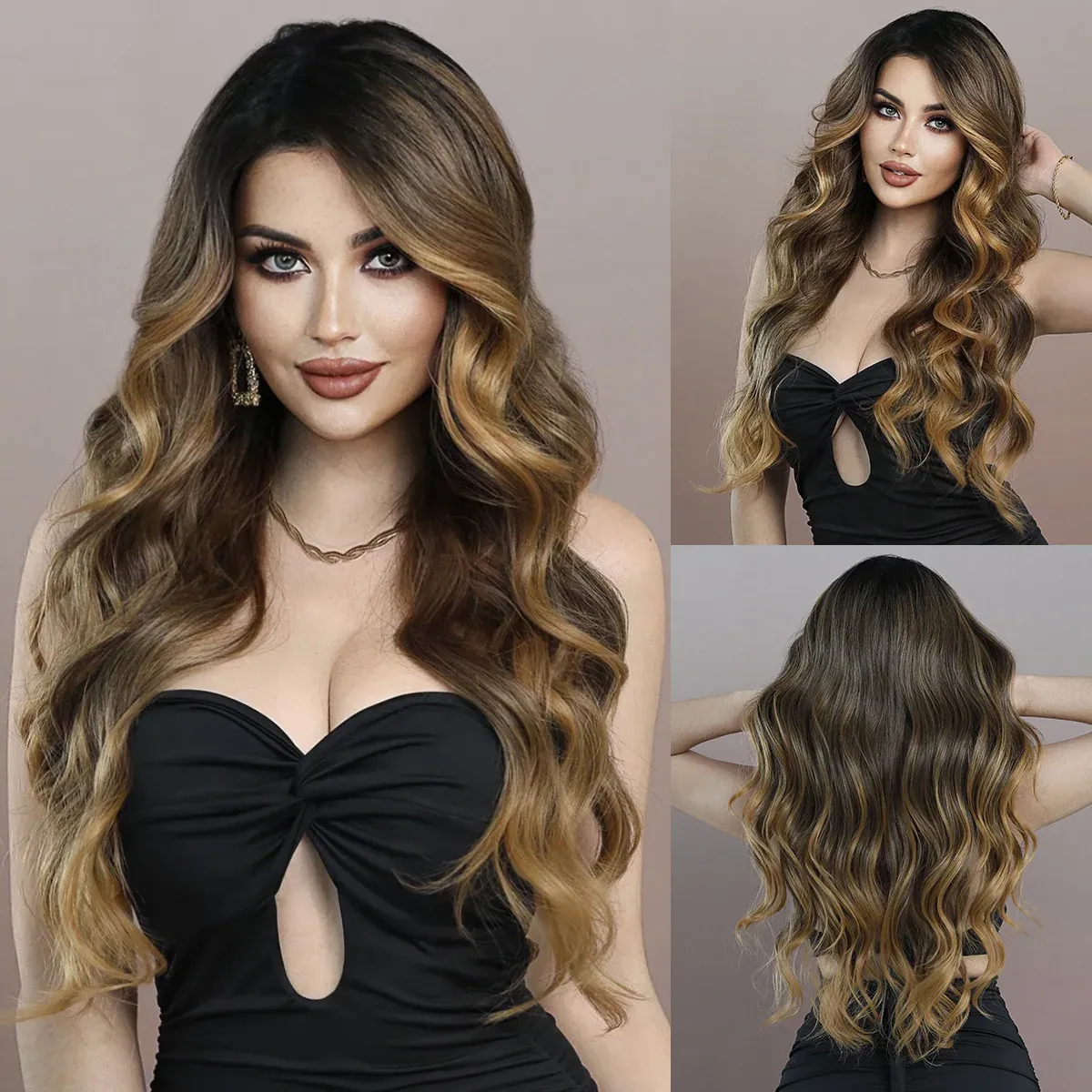 Long Wave Ombre 7Color Mix Blonde Black Wig Good Quality Wigs for Women's Cosplay Daily Natural Hair Heat Resistant