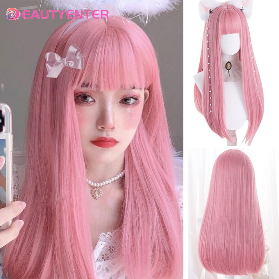 BeautyEnter Synthetic Wig Pink long straight Wig With Bangs For Women Long Hair Heat Resistant Lolita Cosplay Party