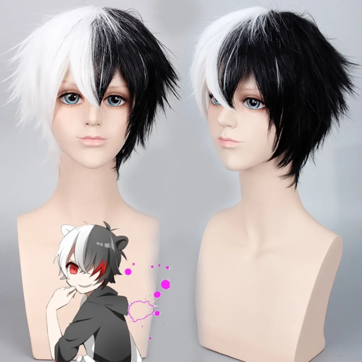 Bullet Theory Breaks COS Wig Manufacturer Direct Sales Black & White Bear Gradient Short Hair Men's Anime Wig